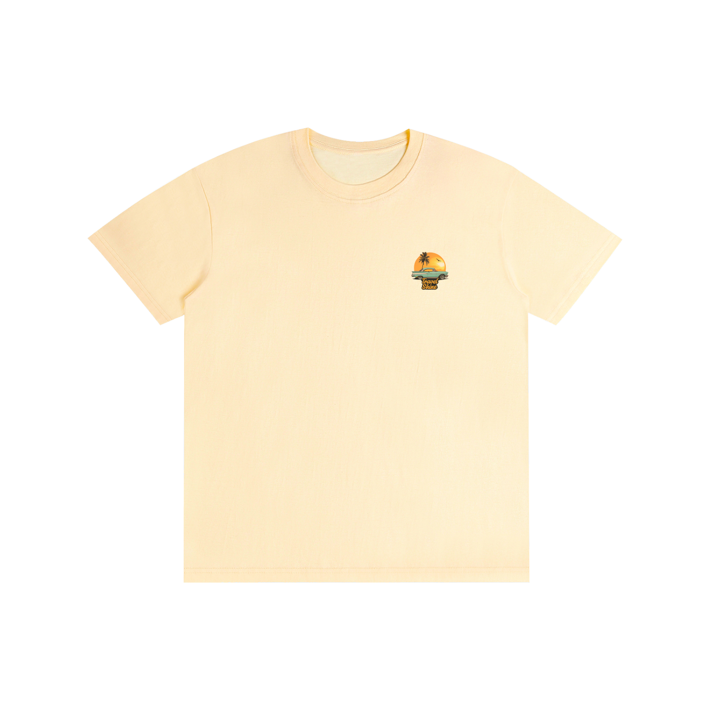 A pale yellow short-sleeve crewneck t-shirt with a small graphic print on the left chest, displayed flat against a solid white background.