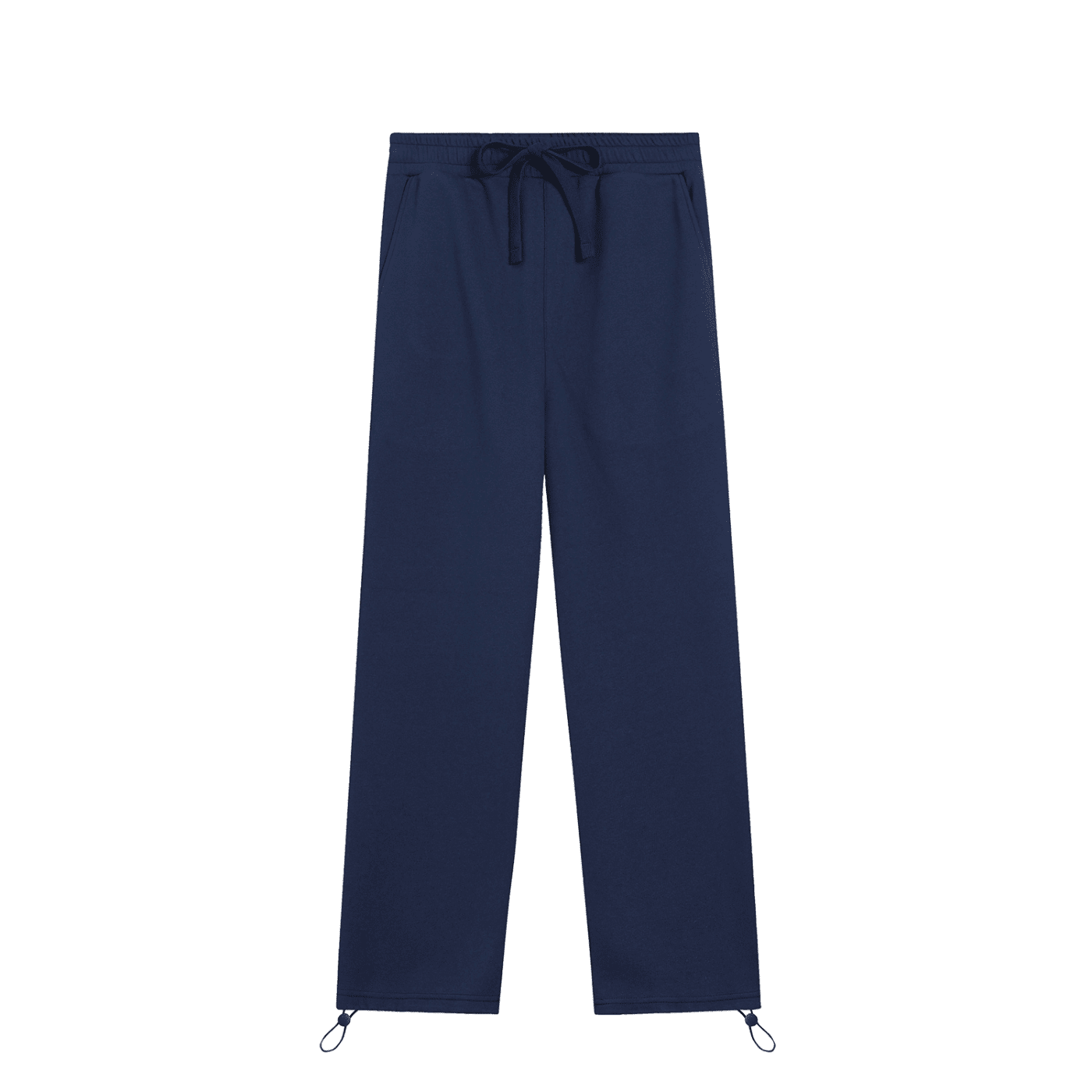 Navy blue pants with drawstring on a white background