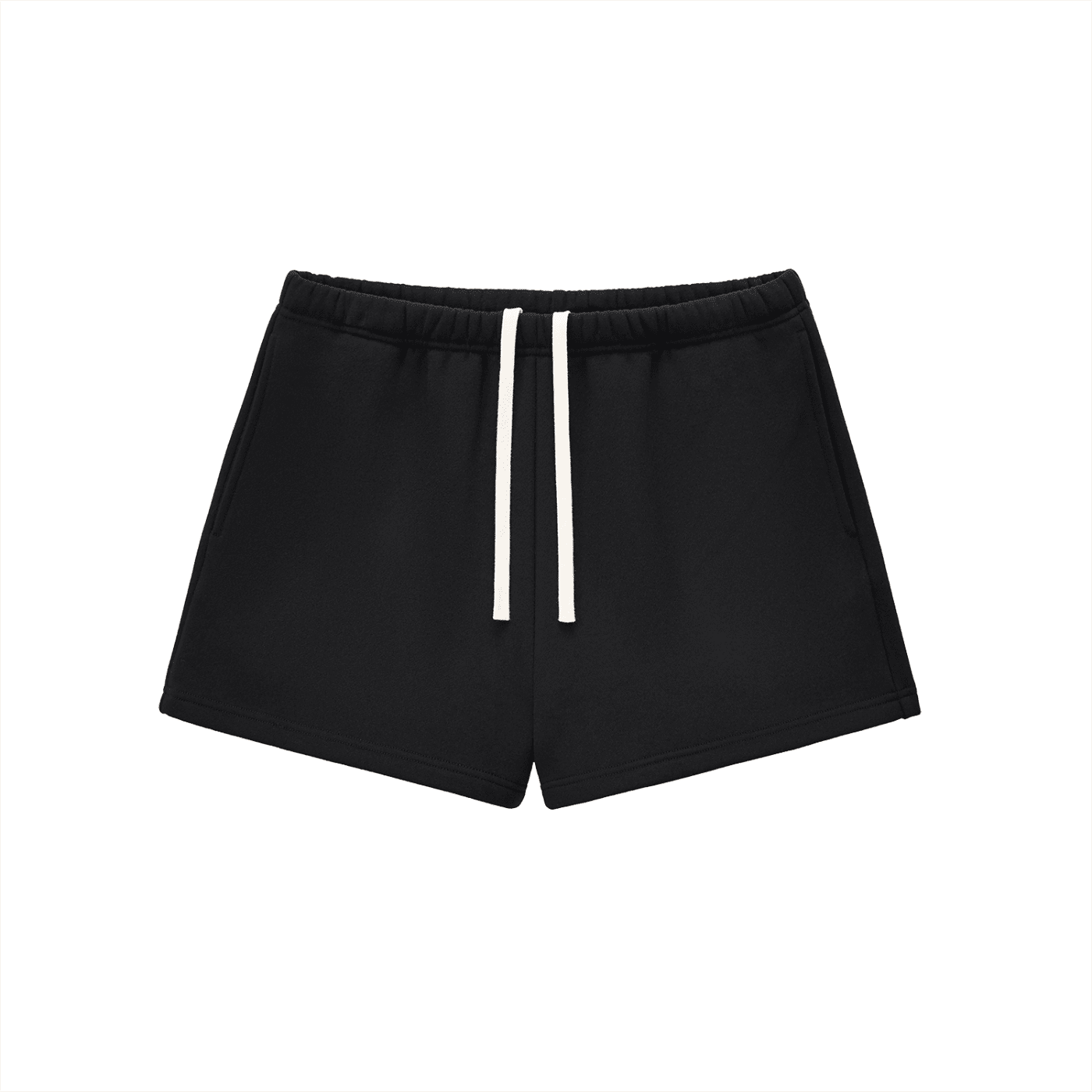 Black shorts with white drawstrings on a white background