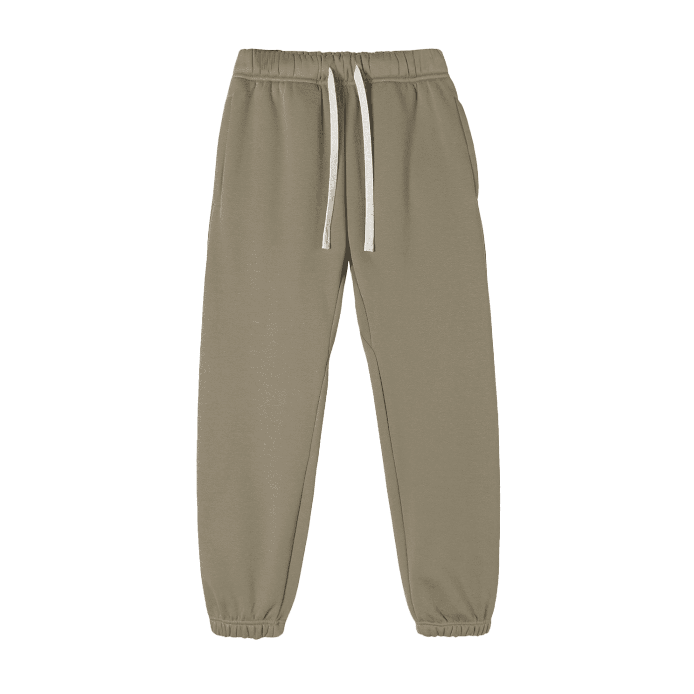 Khaki jogger pants with a white drawstring on a white background