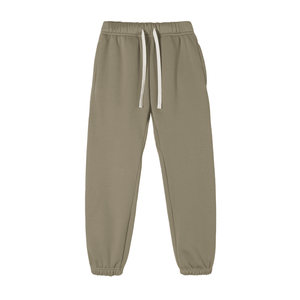 Khaki jogger pants with a white drawstring on a white background