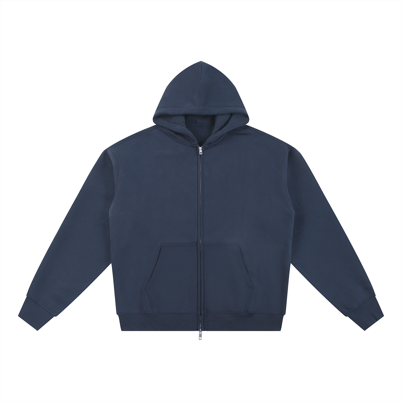Navy blue hoodie with a zipper on a white background