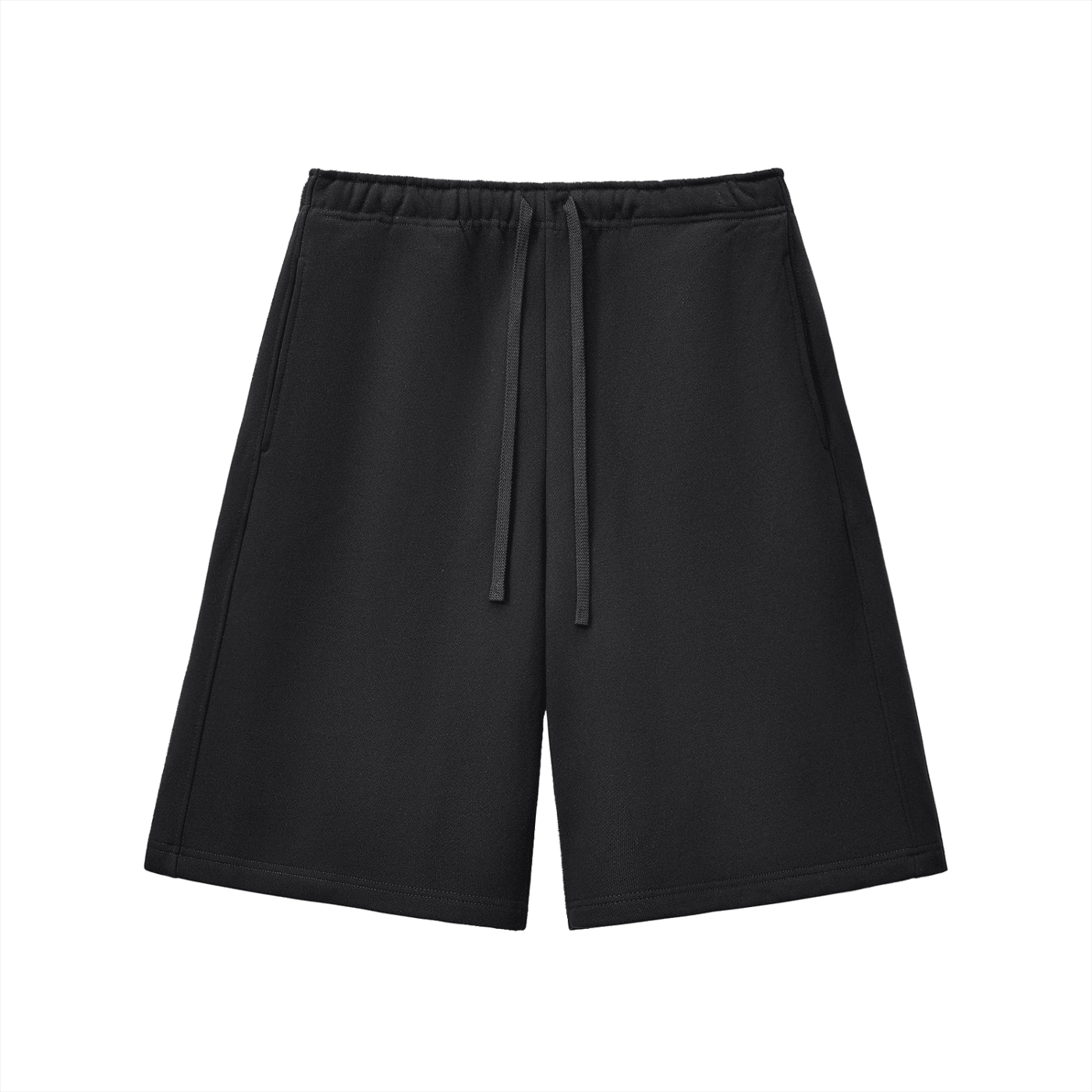 Black shorts with a drawstring on a white background
