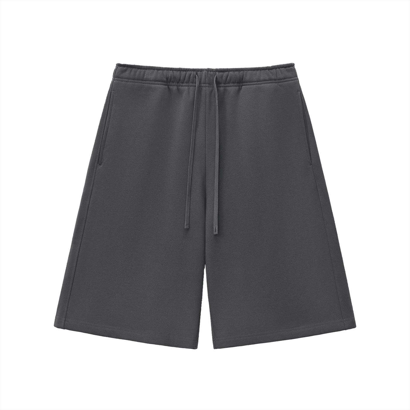 Dark gray shorts with a drawstring on a white background