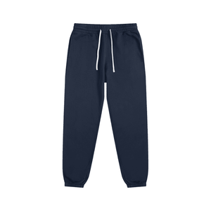 Navy blue sweatpants with a white drawstring on a white background