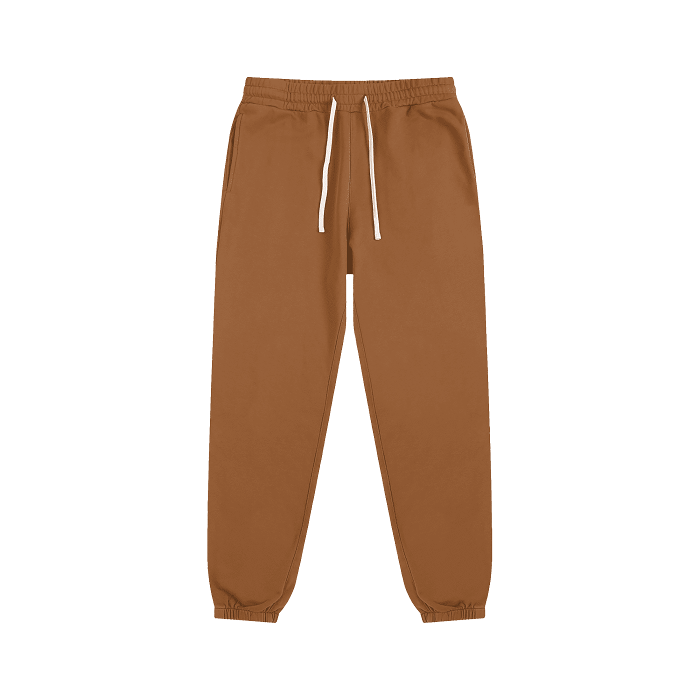 Brown sweatpants with a drawstring on a white background