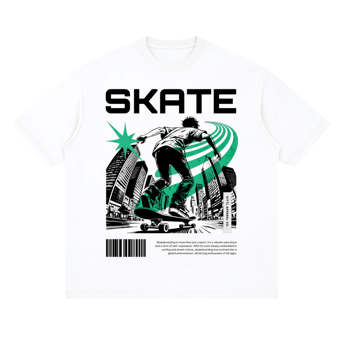 A white short-sleeve crewneck t-shirt featuring a bold graphic print on the front. The design displays the word 'SKATE' in large black capital letters above an illustration of a skateboarder in black and white, accented with a vibrant green starburst and green curved lines.