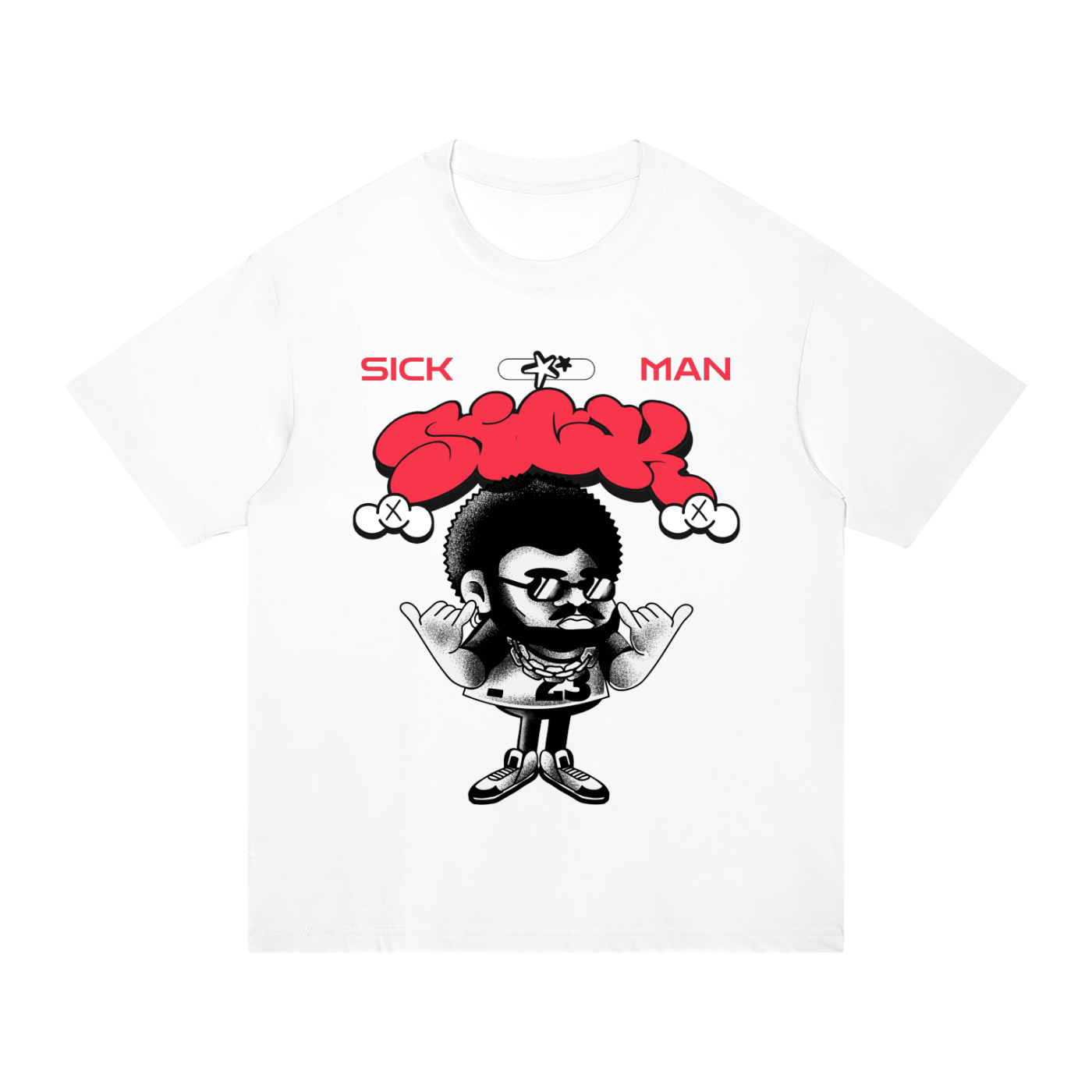 A white short-sleeve crewneck t-shirt featuring a graphic print of a cartoon man with a red afro and the words 'SICK MAN' in red above him, displayed on a clean white background.