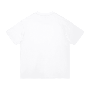 A plain white short-sleeve crewneck t-shirt shown from the back, laid flat against a solid white background.