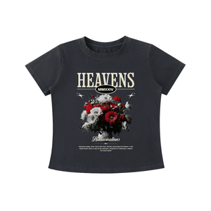 Black t-shirt with floral design and text on a white background