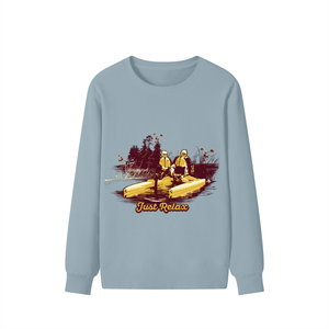 Light blue sweatshirt with a graphic of two people in kayaks and 'Just Relax' text on a white background.