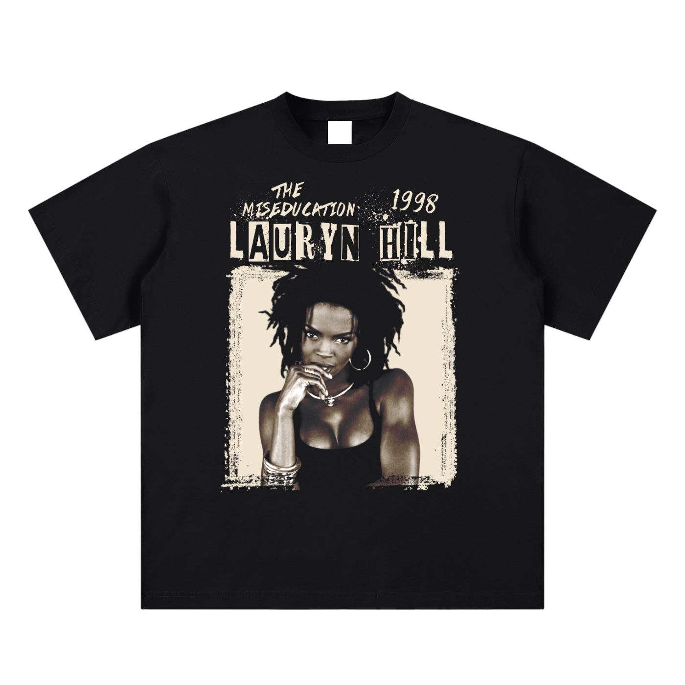 Black t-shirt with Lauryn Hill graphic and text on a white background