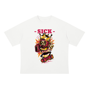 A white short-sleeve crewneck t-shirt featuring a colorful graphic of a cartoon bee wearing sunglasses and a crown, with the word '-SICK-' printed in pink above it, displayed on a clean white background.