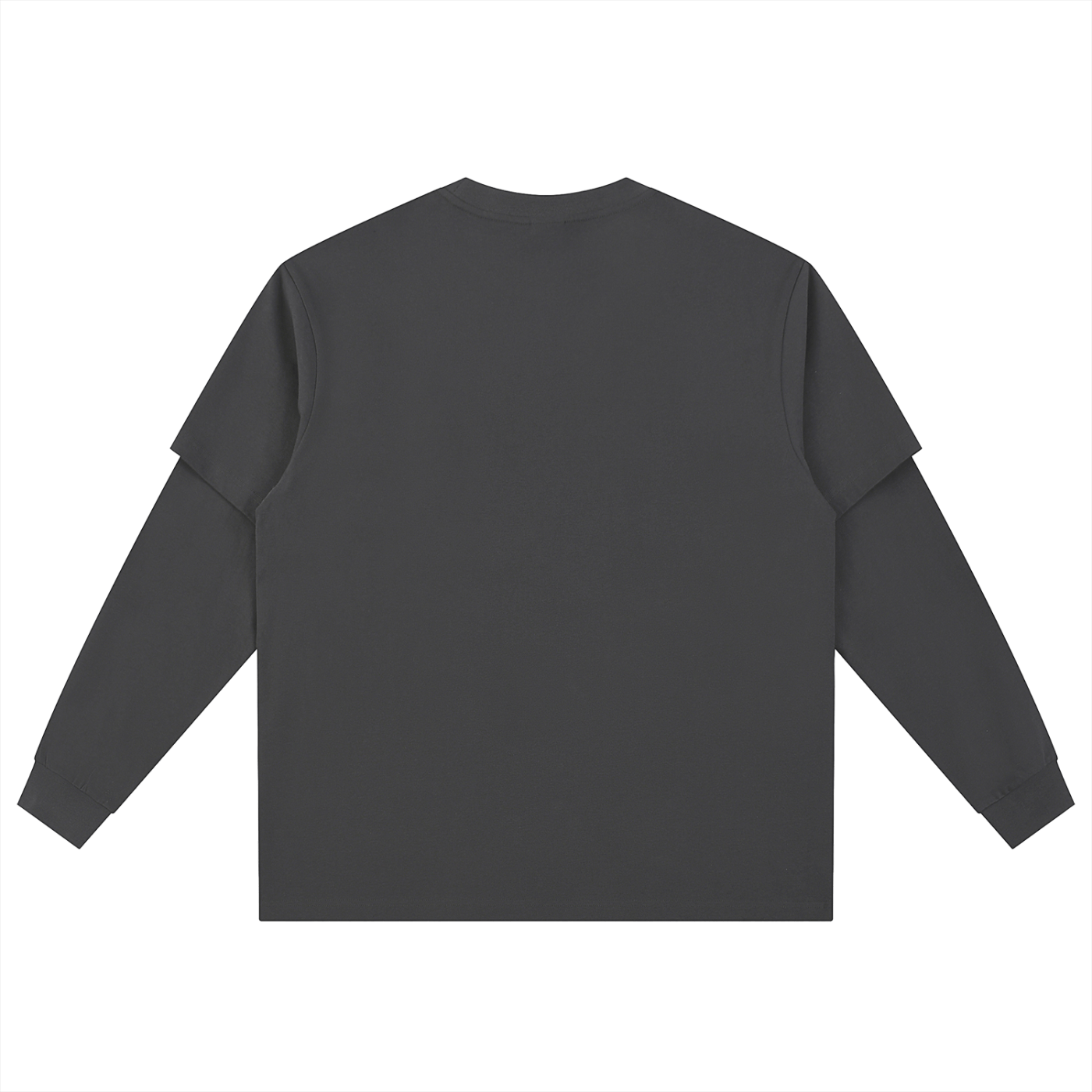 Back view of a dark gray long-sleeve shirt on a white background