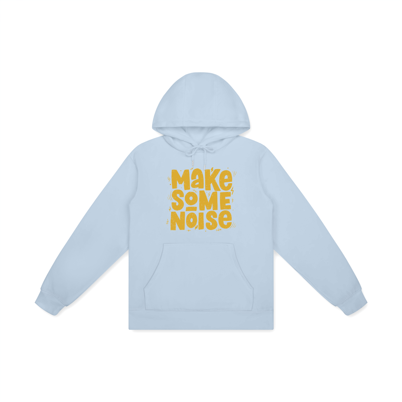 Light Blue hoodie with 'MAKE SOME NOISE' text in yellow on a white background