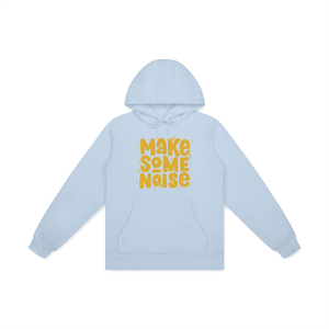 Light Blue hoodie with 'MAKE SOME NOISE' text in yellow on a white background