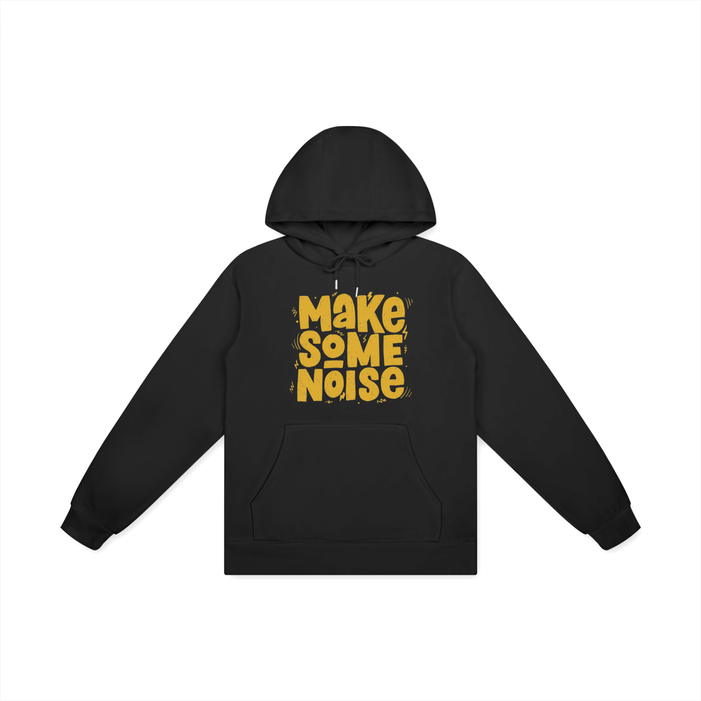 Black hoodie with 'MAKE SOME NOISE' text in yellow on a white background