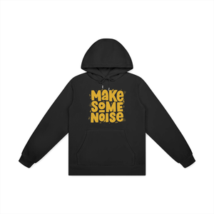 Black hoodie with 'MAKE SOME NOISE' text in yellow on a white background
