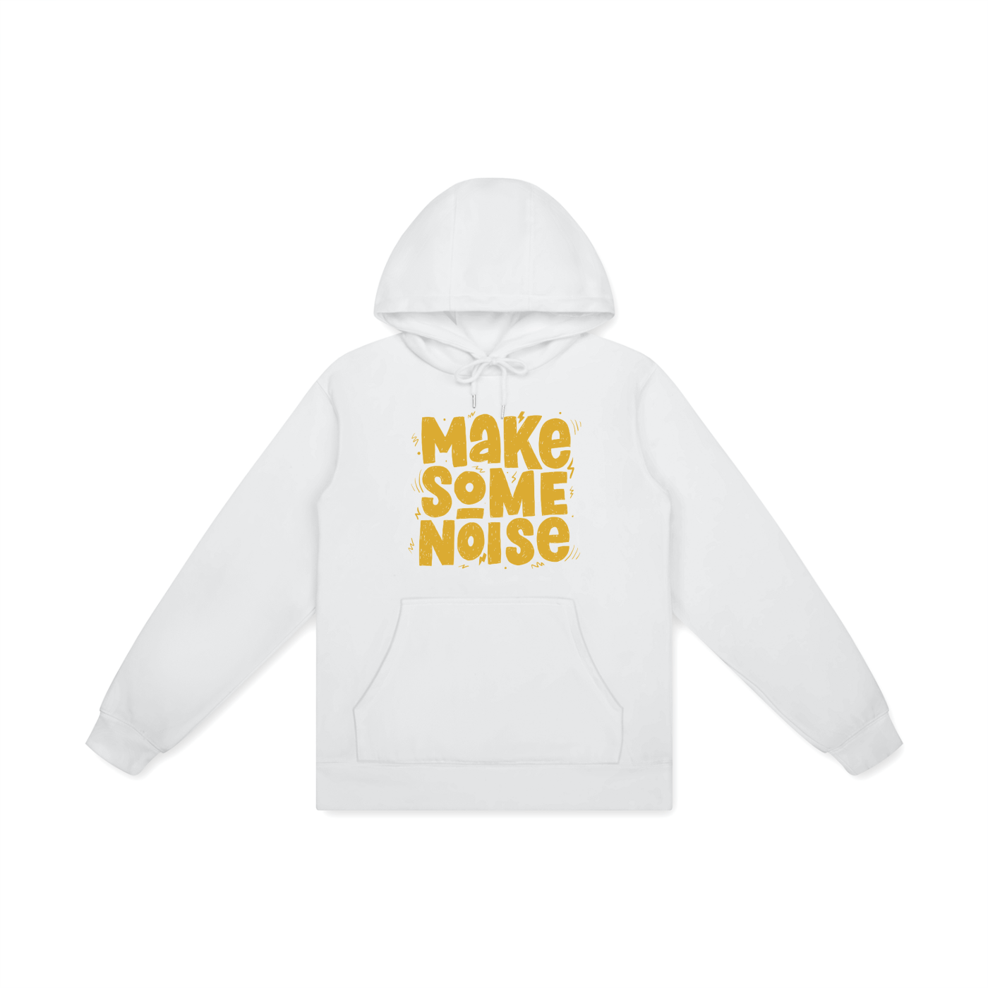 White hoodie with 'MAKE SOME NOISE' text in yellow on a white background