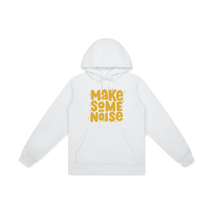 White hoodie with 'MAKE SOME NOISE' text in yellow on a white background