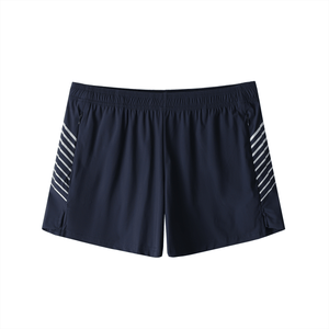 Navy shorts with white stripes on a white background