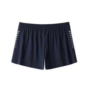 Navy blue shorts with white stripes on a white background