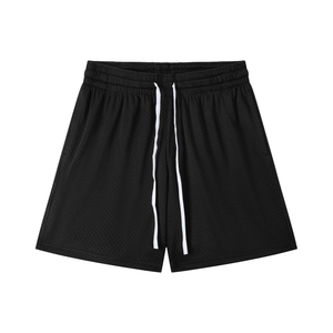 Black shorts with white drawstring on a white background