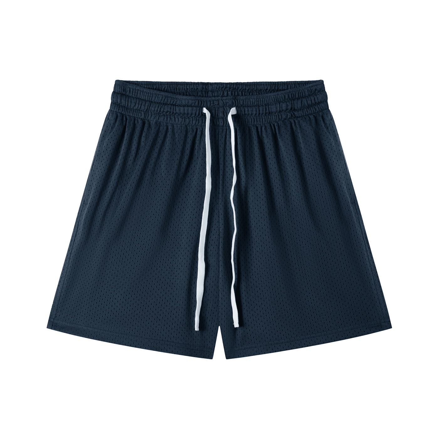 Navy blue shorts with white drawstring on a white background