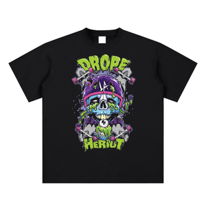 Black t-shirt with colorful graphic design featuring a skull and text on a white background