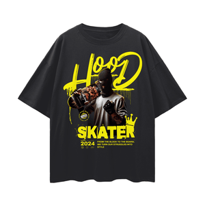 Black t-shirt with yellow and white graphic design on a white background