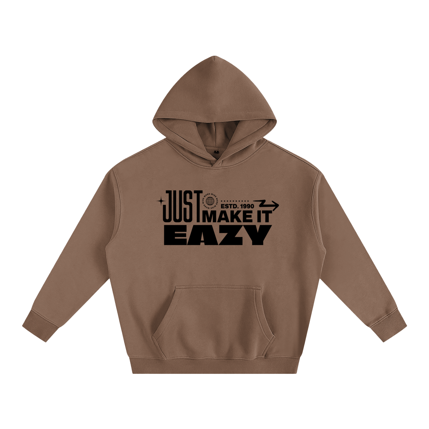 Brown hoodie with black text on a white background