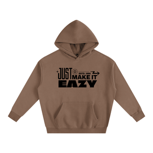 Brown hoodie with black text on a white background