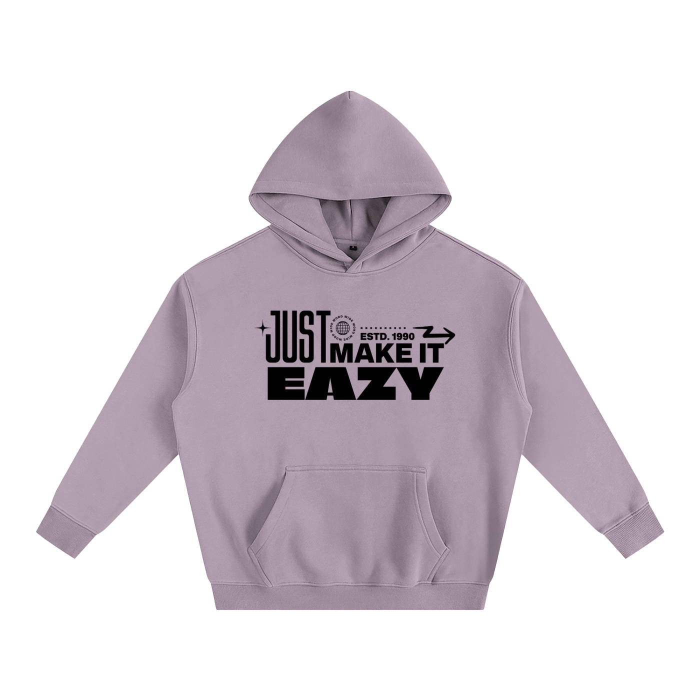 Purple hoodie with text design on a white background