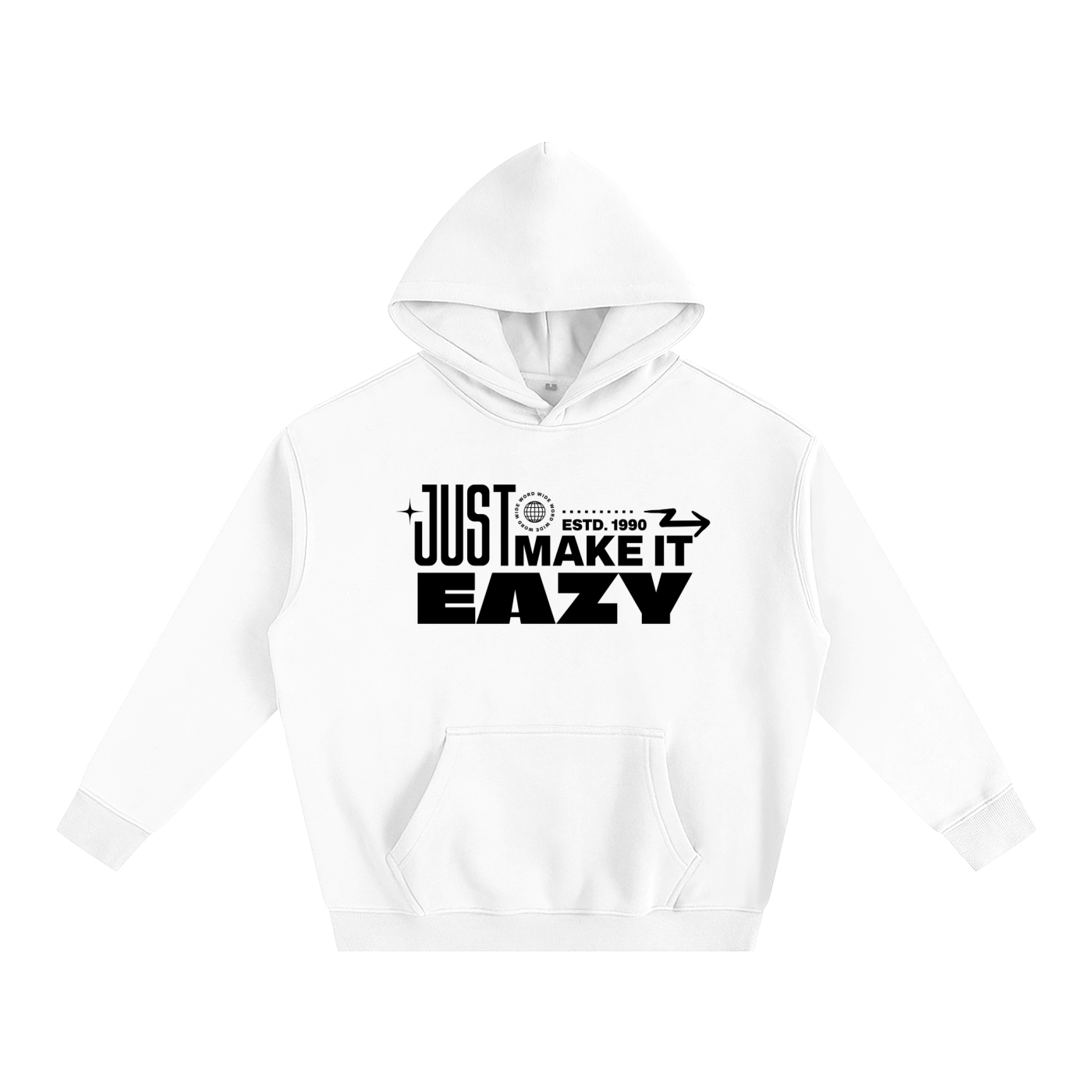 White hoodie with black text design on a white background