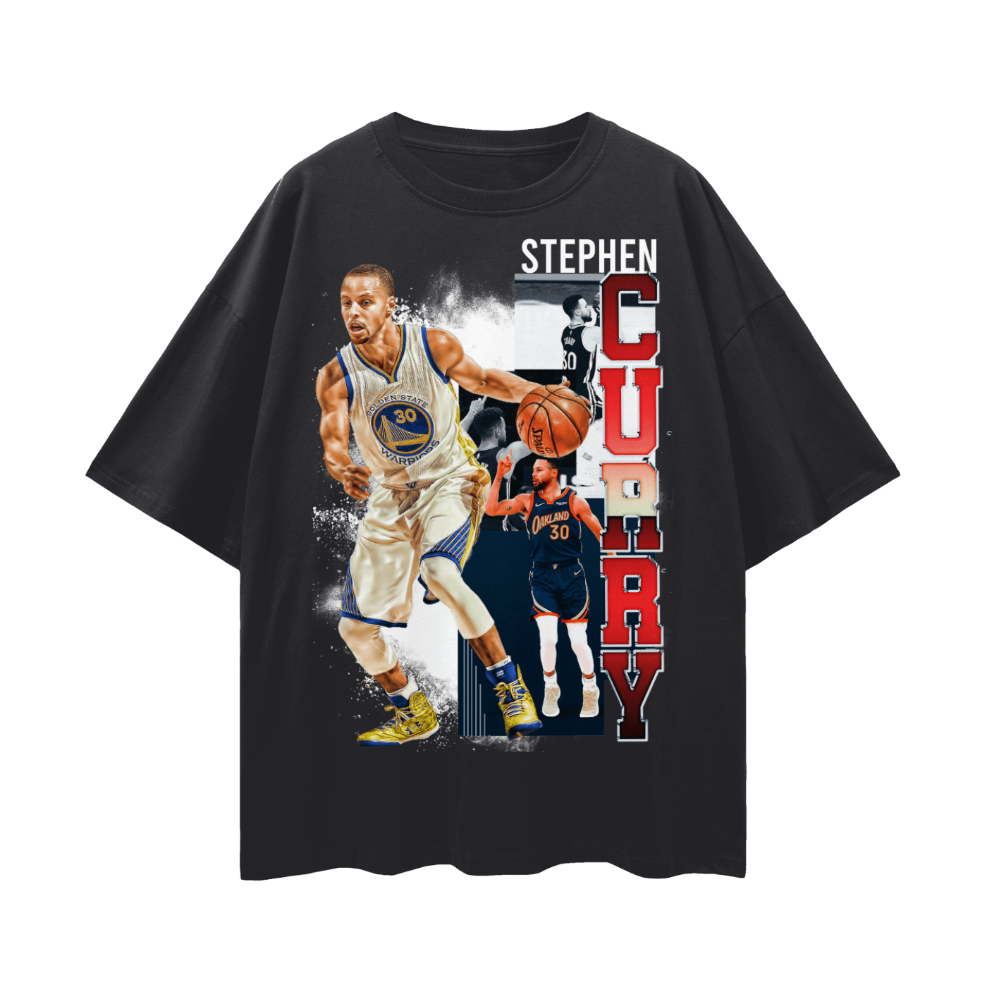 Black t-shirt with a graphic of a basketball player and 'Stephen Curry' text on a white background