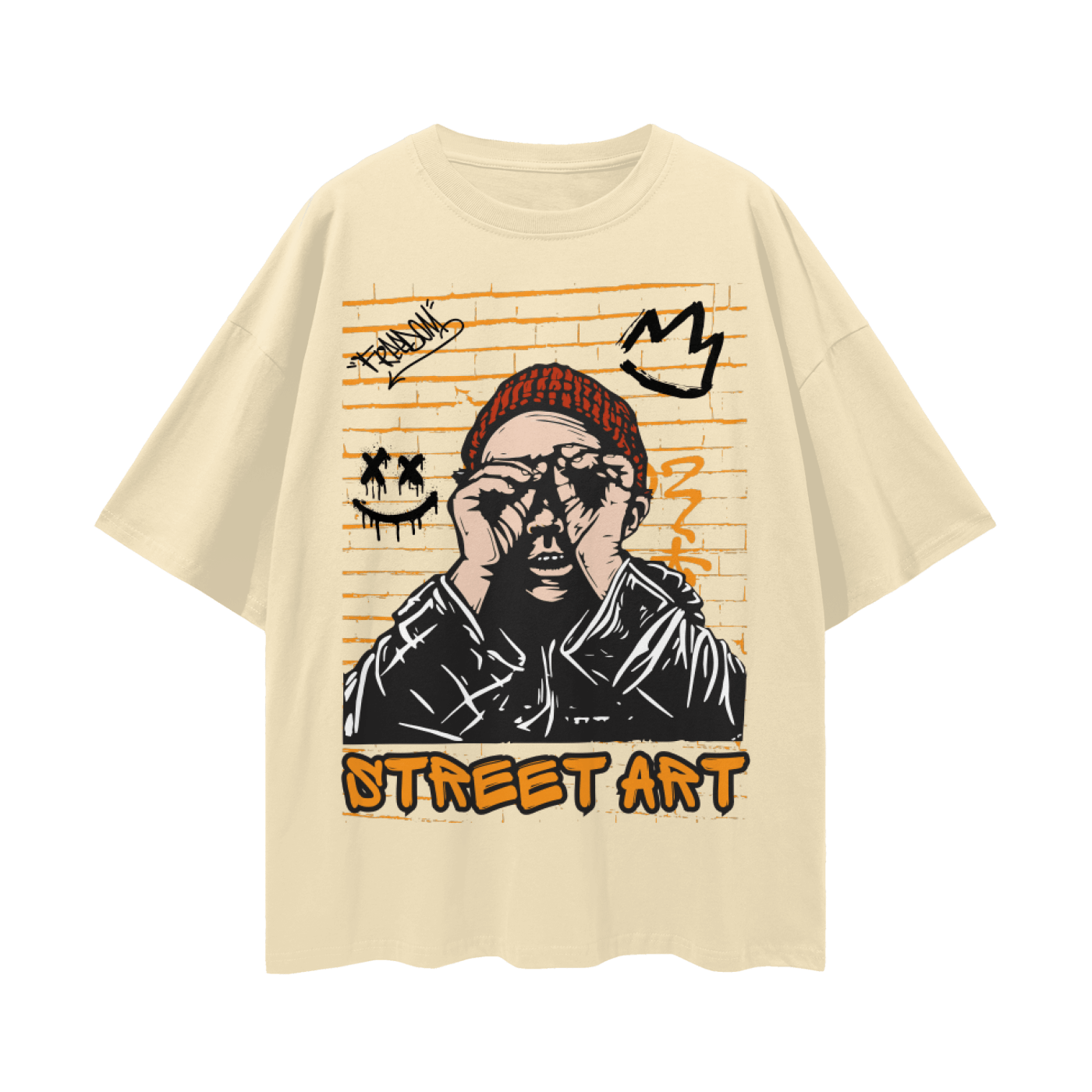 Beige t-shirt with graphic design featuring a face and text on a white background