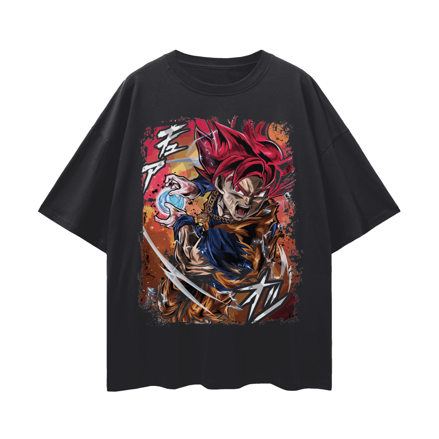 Black t-shirt with a colorful graphic design on a white background