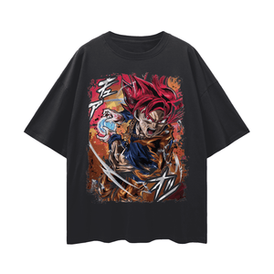 Black t-shirt with a colorful graphic design on a white background