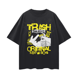 Black t-shirt with yellow and white graphic design on a white background