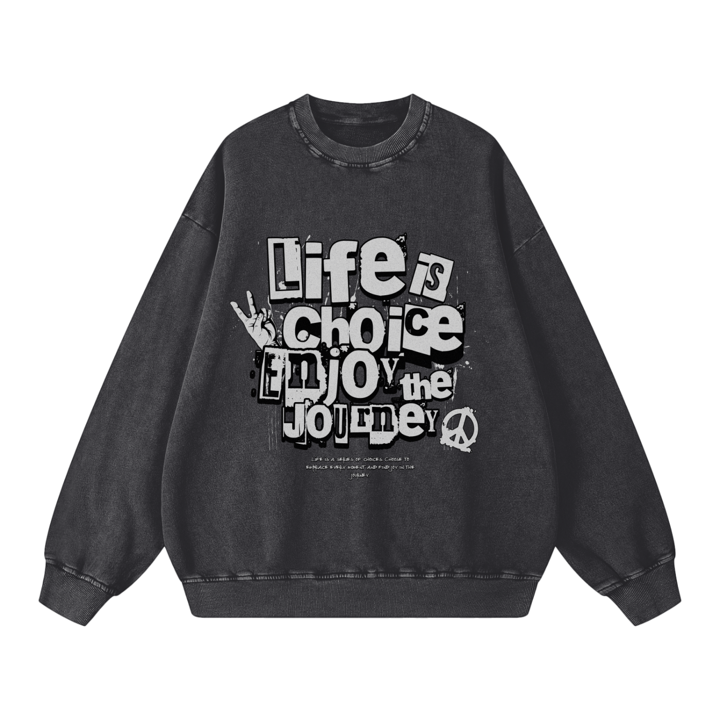 Black sweatshirt with motivational text design on a white background