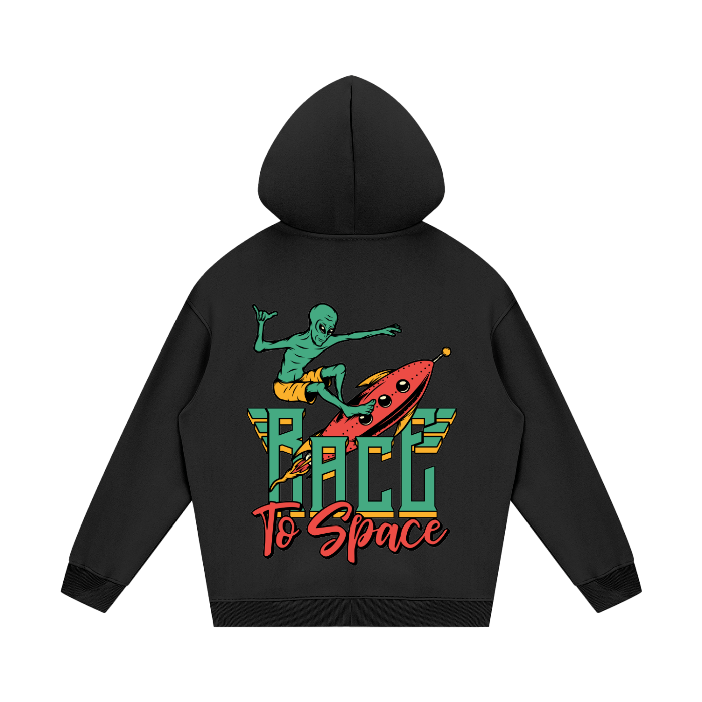 Black hoodie with 'Race to Space' graphic on the back