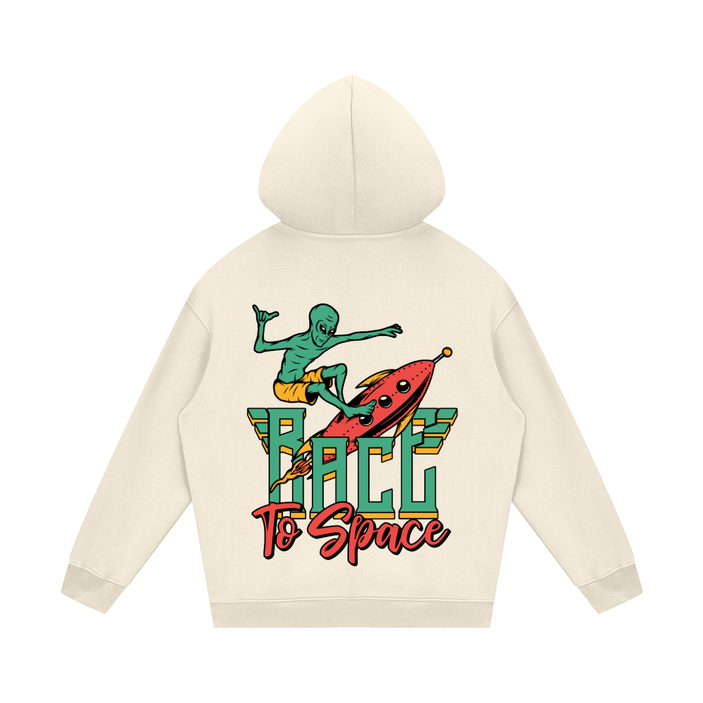Beige hoodie with a graphic of a green alien on a rocket and 'Race to Space' text on a white background