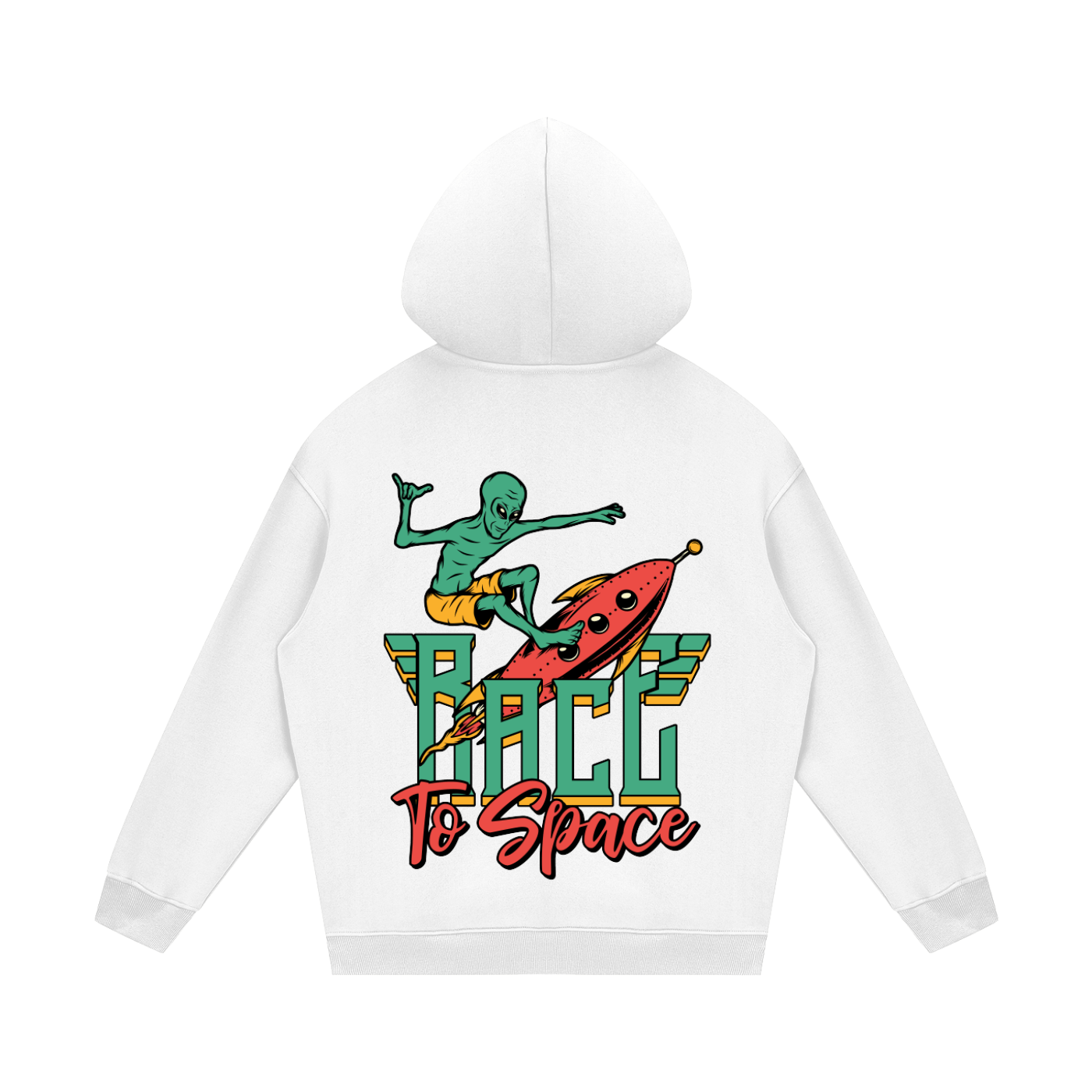 White hoodie with 'Race to Space' graphic design featuring a green alien and red rocket ship on a white background.