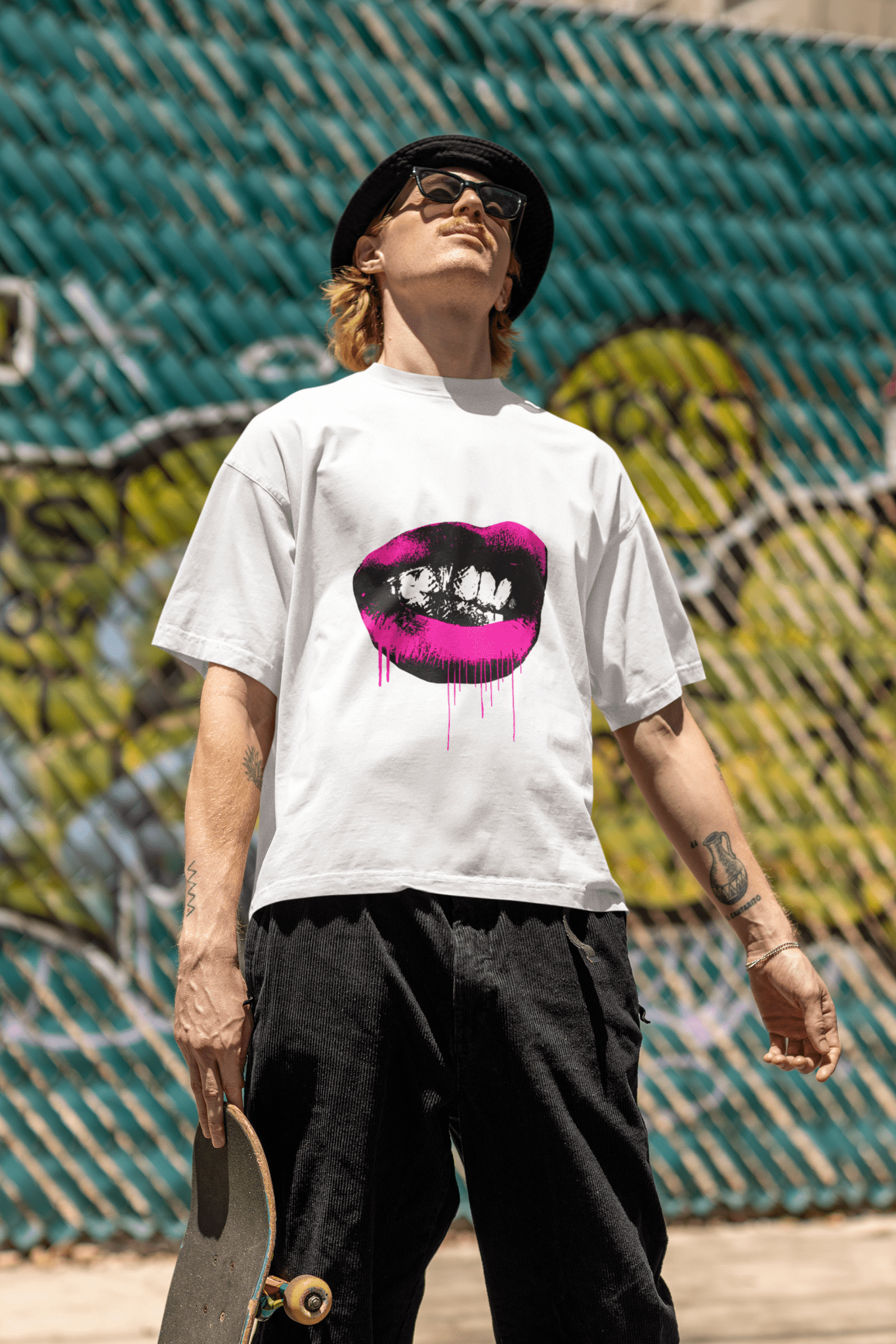 White T-Shirt Pink Lips Bite Tee White Man