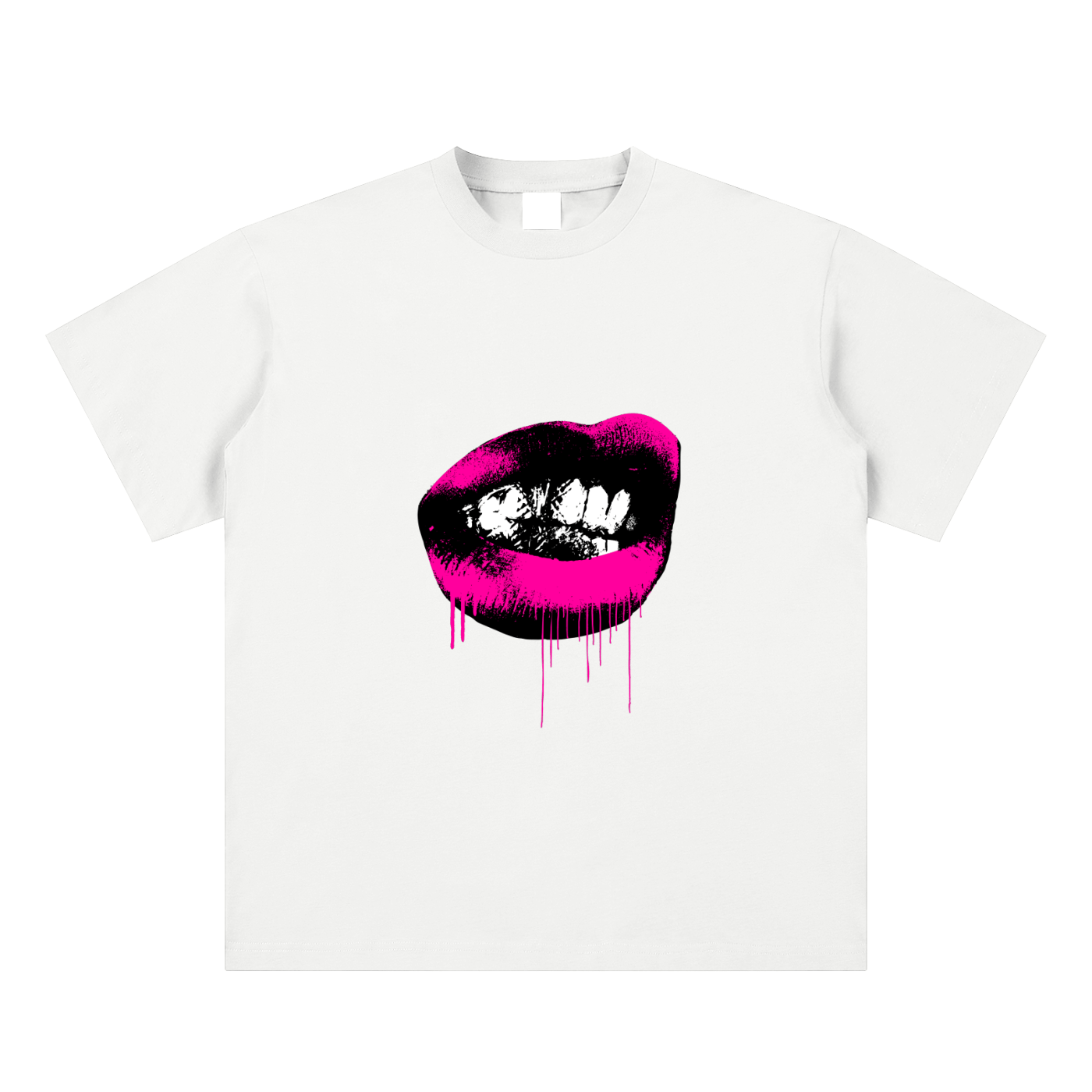 White t-shirt with a graphic of pink and black lips on a white background