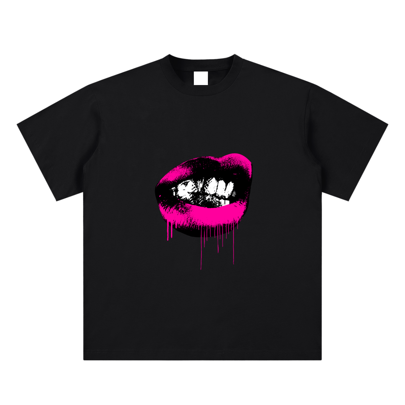 Black t-shirt with pink and black lips graphic design on a white background