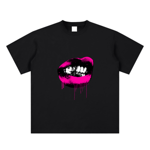 Black t-shirt with pink and black lips graphic design on a white background