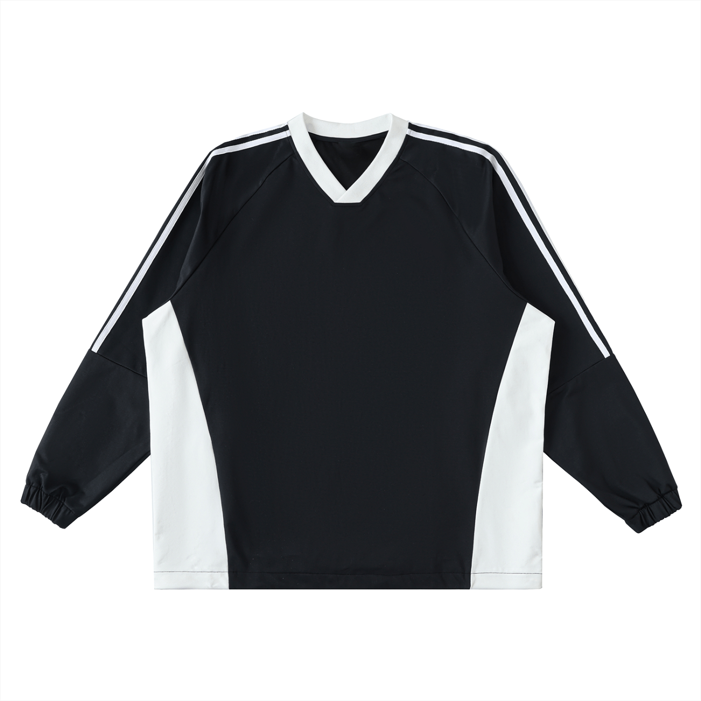 Black and white sports jersey with three stripes on a white background