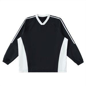Black and white sports jersey with three stripes on a white background