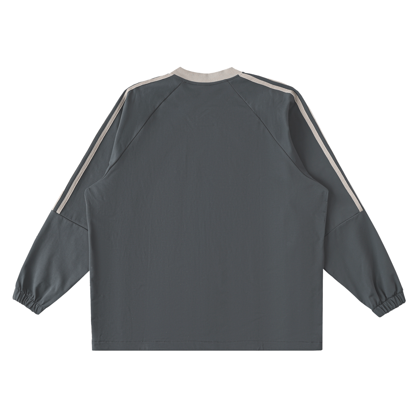 Back view of a dark gray jacket with white stripes on sleeves against a white background